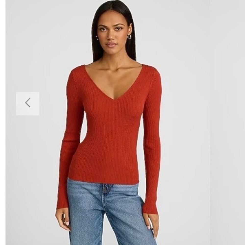 Express Women's Size XS Silky Soft Fitted Ribbed Double V-Neck Sweater Red Long